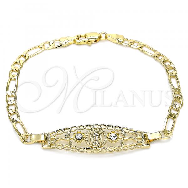 Oro Laminado Fancy Bracelet, Gold Filled Style Guadalupe and Flower Design, with White Crystal, Polished, Golden Finish, 03.351.0088.08