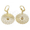 Oro Laminado Dangle Earring, Gold Filled Style Flower and Filigree Design, with White Crystal, Polished, Golden Finish, 61.001