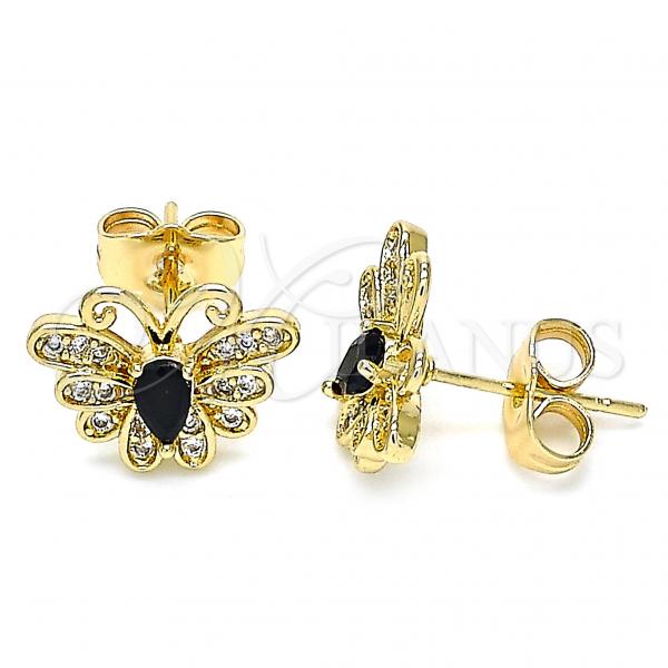 Oro Laminado Stud Earring, Gold Filled Style Butterfly Design, with Black Cubic Zirconia and White Micro Pave, Polished, Golden Finish, 02.210.0374.2