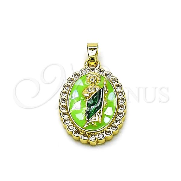 Oro Laminado Religious Pendant, Gold Filled Style San Judas Design, with White Cubic Zirconia, Green Enamel Finish, Two Tone, 05.284.0017.3