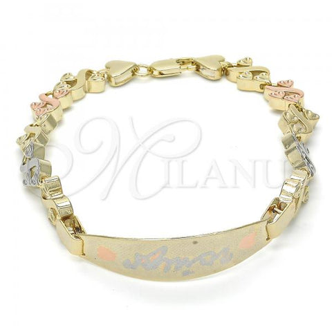 Oro Laminado ID Bracelet, Gold Filled Style Heart Design, Polished, Tricolor, 03.63.1943.1.08
