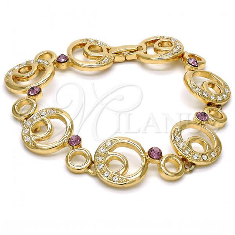Oro Laminado Fancy Bracelet, Gold Filled Style Moon Design, with White and Amethyst Crystal, Polished, Golden Finish, 03.59.0070.08
