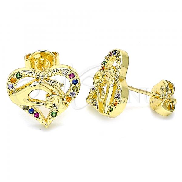 Oro Laminado Stud Earring, Gold Filled Style Heart and Hand Design, with Multicolor Micro Pave, Polished, Golden Finish, 02.156.0390.3