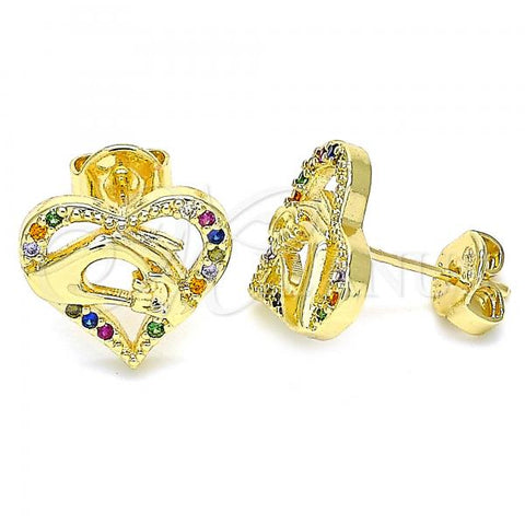 Oro Laminado Stud Earring, Gold Filled Style Heart and Hand Design, with Multicolor Micro Pave, Polished, Golden Finish, 02.156.0390.3