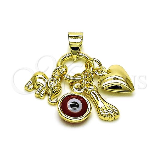 Oro Laminado Fancy Pendant, Gold Filled Style Heart and Hand Design, with Garnet Crystal, Polished, Golden Finish, 05.213.0168