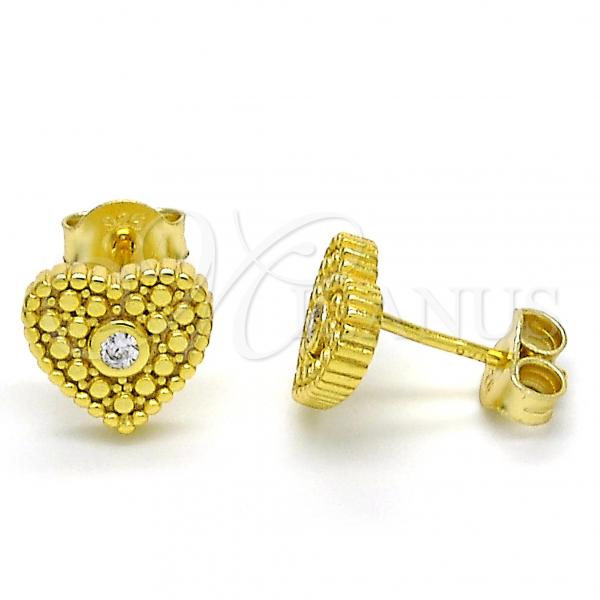Sterling Silver Stud Earring, Heart Design, with White Cubic Zirconia, Polished, Golden Finish, 02.186.0133