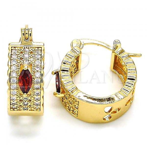Oro Laminado Small Hoop, Gold Filled Style with Garnet and White Cubic Zirconia, Polished, Golden Finish, 02.210.0302.1.20