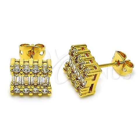 Oro Laminado Stud Earring, Gold Filled Style Baguette Design, with White Cubic Zirconia and White Micro Pave, Polished, Golden Finish, 02.342.0345