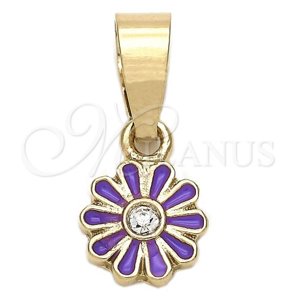 Oro Laminado Fancy Pendant, Gold Filled Style Flower Design, with White Crystal, Purple Enamel Finish, Golden Finish, 05.163.0074.4