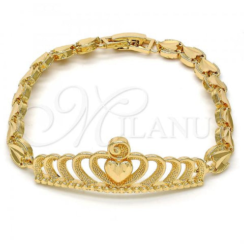 Gold Tone Fancy Bracelet, Crown and Heart Design, Diamond Cutting Finish, Golden Finish, 03.192.0029.07.GT