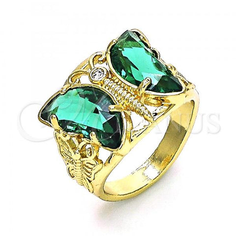 Oro Laminado Multi Stone Ring, Gold Filled Style Butterfly Design, with Green and White Cubic Zirconia, Polished, Golden Finish, 01.380.0031.2.08