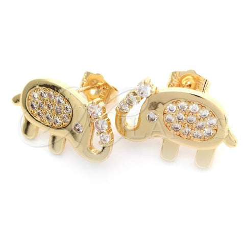 Oro Laminado Stud Earring, Gold Filled Style Elephant Design, with White Micro Pave, Polished, Golden Finish, 02.377.0016.1