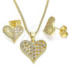 Oro Laminado Earring and Pendant Adult Set, Gold Filled Style Heart Design, with White Micro Pave, Polished, Golden Finish, 10.156.0293