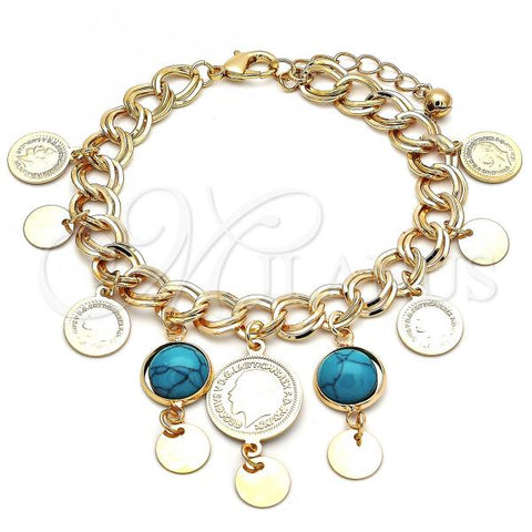 Oro Laminado Charm Bracelet, Gold Filled Style with Turquoise Opal, Polished, Golden Finish, 03.331.0119.1.08