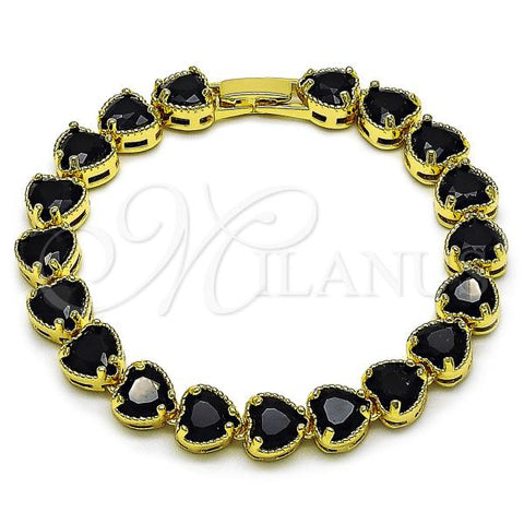 Oro Laminado Tennis Bracelet, Gold Filled Style Heart Design, with Black Cubic Zirconia, Polished, Golden Finish, 03.424.0003.3.07