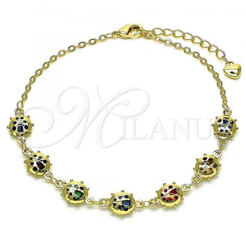 Oro Laminado Fancy Bracelet, Gold Filled Style Ladybug and Rolo Design, with Multicolor Cubic Zirconia, Polished, Golden Finish, 03.213.0195.07