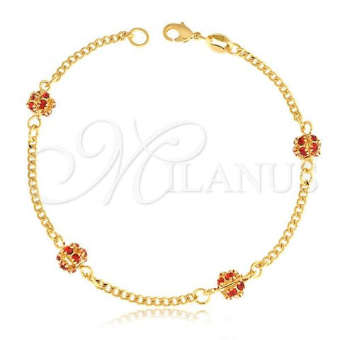 Oro Laminado Fancy Bracelet, Gold Filled Style Ball and Miami Cuban Design, with Ruby Cubic Zirconia, Polished, Golden Finish, 03.32.0170.07.1