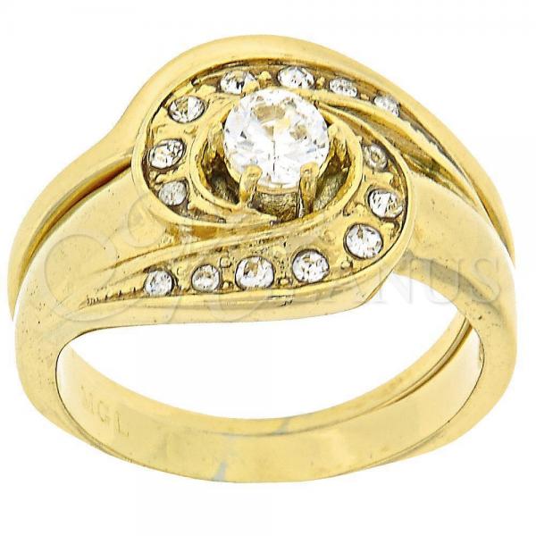 Oro Laminado Multi Stone Ring, Gold Filled Style Duo Design, with White Cubic Zirconia and White Crystal, Polished, Golden Finish, 5.166.003.09 (Size 9)