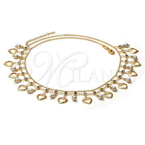 Oro Laminado Fancy Necklace, Gold Filled Style Heart Design, with White Pearl and White Cubic Zirconia, Diamond Cutting Finish, Golden Finish, 04.105.0013