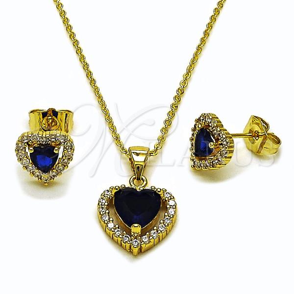 Oro Laminado Earring and Pendant Adult Set, Gold Filled Style Heart and Cluster Design, with Sapphire Blue and White Cubic Zirconia, Polished, Golden Finish, 10.156.0539.2