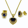 Oro Laminado Earring and Pendant Adult Set, Gold Filled Style Heart and Cluster Design, with Sapphire Blue and White Cubic Zirconia, Polished, Golden Finish, 10.156.0539.2
