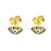 Oro Laminado Stud Earring, Gold Filled Style Evil Eye Design, with Multicolor Micro Pave, White Enamel Finish, Golden Finish, 02.156.0592.1