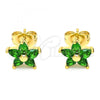 Oro Laminado Stud Earring, Gold Filled Style Flower Design, with Green Cubic Zirconia, Polished, Golden Finish, 02.310.0024