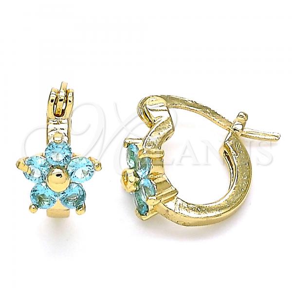 Oro Laminado Small Hoop, Gold Filled Style Flower Design, with Aqua Blue Cubic Zirconia, Polished, Golden Finish, 02.210.0502.4.10