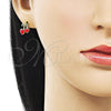 Oro Laminado Stud Earring, Gold Filled Style Cherry and Heart Design, Red Enamel Finish, Golden Finish, 02.417.0009