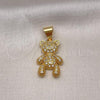 Oro Laminado Fancy Pendant, Gold Filled Style Teddy Bear and Bow Design, with White Micro Pave, Polished, Golden Finish, 05.342.0180