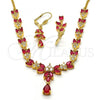 Oro Laminado Necklace and Earring, Gold Filled Style Teardrop and Leaf Design, with Ruby and White Cubic Zirconia, Polished, Golden Finish, 06.221.0004