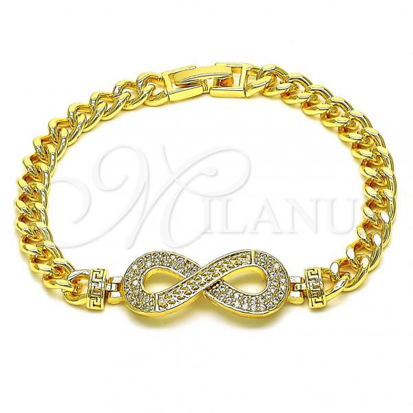 Oro Laminado Fancy Bracelet, Gold Filled Style Infinite and Greek Key Design, with White Micro Pave, Polished, Golden Finish, 03.346.0011.07