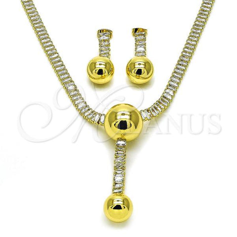 Oro Laminado Necklace and Earring, Gold Filled Style Ball and Baguette Design, with White Cubic Zirconia, Polished, Golden Finish, 06.421.0006