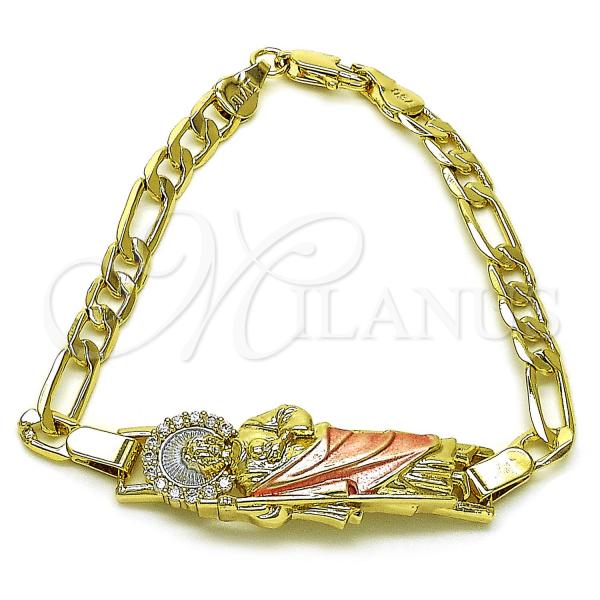 Oro Laminado Fancy Bracelet, Gold Filled Style San Judas and Figaro Design, with White Cubic Zirconia, Polished, Tricolor, 03.411.0051.07