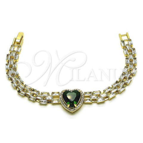 Oro Laminado Tennis Bracelet, Gold Filled Style Heart and Baguette Design, with Green Cubic Zirconia and White Micro Pave, Polished, Golden Finish, 03.284.0039.07