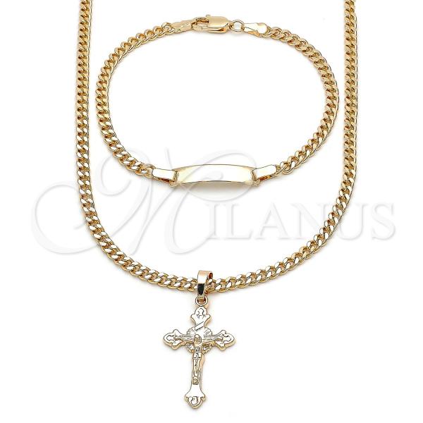 Oro Laminado Necklace and Bracelet, Gold Filled Style Crucifix and Miami Cuban Design, Polished, Golden Finish, 06.63.0274