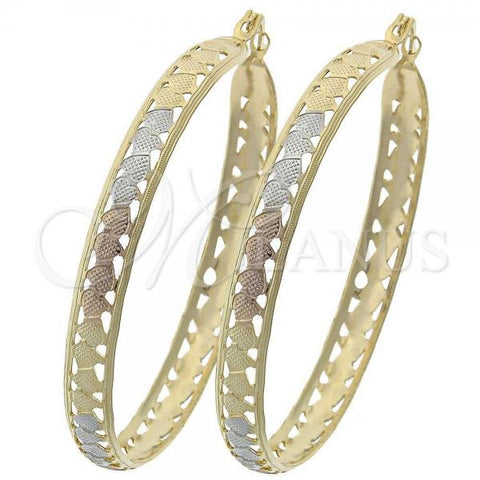 Oro Laminado Large Hoop, Gold Filled Style Heart Design, Diamond Cutting Finish, Tricolor, 106.006