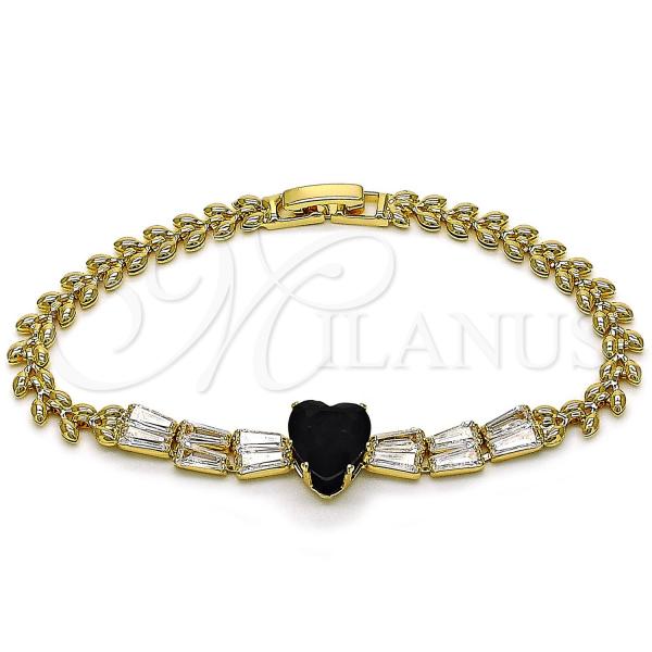 Oro Laminado Fancy Bracelet, Gold Filled Style Heart and Baguette Design, with Black and White Cubic Zirconia, Polished, Golden Finish, 03.283.0304.5.07