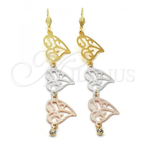 Oro Laminado Long Earring, Gold Filled Style Heart Design, with White Cubic Zirconia, Diamond Cutting Finish, Tricolor, 5.109.001