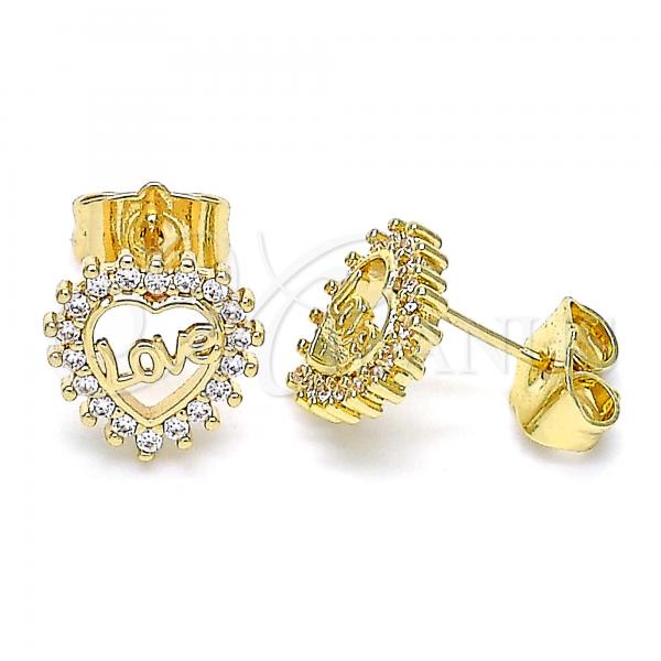 Oro Laminado Stud Earring, Gold Filled Style Heart and Love Design, with White Micro Pave, Polished, Golden Finish, 02.156.0624