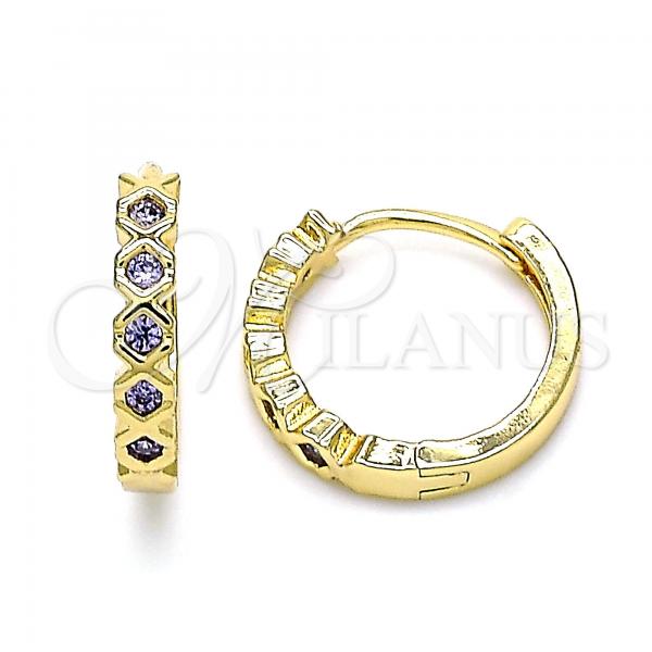 Oro Laminado Huggie Hoop, Gold Filled Style with Amethyst Cubic Zirconia, Polished, Golden Finish, 02.210.0553.2.15