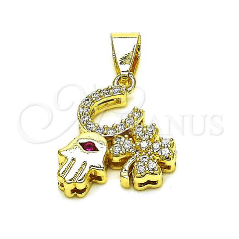 Oro Laminado Fancy Pendant, Gold Filled Style Hand of God and Four-leaf Clover Design, with White and Ruby Micro Pave, Polished, Golden Finish, 05.411.0012