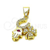 Oro Laminado Fancy Pendant, Gold Filled Style Hand of God and Four-leaf Clover Design, with White and Ruby Micro Pave, Polished, Golden Finish, 05.411.0012