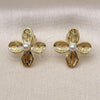 Oro Laminado Stud Earring, Gold Filled Style Leaf and Ball Design, with Ivory Pearl, Diamond Cutting Finish, Golden Finish, 02.341.0247