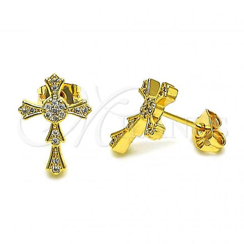 Oro Laminado Stud Earring, Gold Filled Style Cross Design, with White Micro Pave, Polished, Golden Finish, 02.342.0256