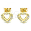 Oro Laminado Stud Earring, Gold Filled Style Heart Design, with White Micro Pave, Polished, Golden Finish, 02.342.0097