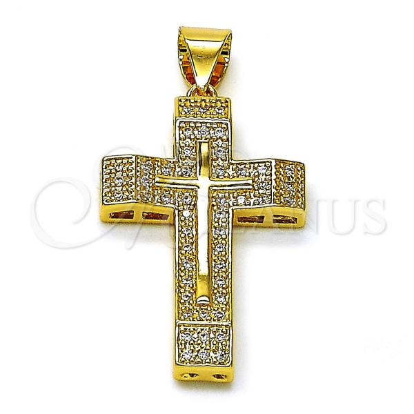 Oro Laminado Religious Pendant, Gold Filled Style Cross Design, with White Micro Pave, Polished, Golden Finish, 05.342.0221