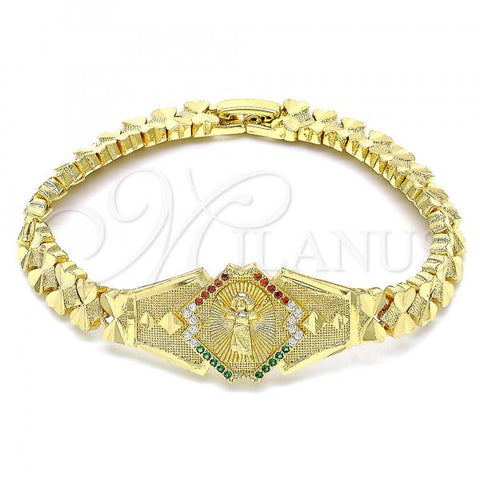 Oro Laminado Fancy Bracelet, Gold Filled Style Divino Niño and Heart Design, with Multicolor Cubic Zirconia, Diamond Cutting Finish, Golden Finish, 03.100.0069.07