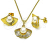 Oro Laminado Earring and Pendant Adult Set, Gold Filled Style with Ivory Pearl, Diamond Cutting Finish, Golden Finish, 10.379.0072