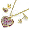 Oro Laminado Earring and Pendant Adult Set, Gold Filled Style Heart Design, with Ruby Micro Pave, Polished, Golden Finish, 10.156.0251.1